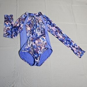 ATHLETA GIRLLONG SLEEVE ONE PIECE Rash Guard Tie-dye Pink Blue Size M 8/10 Zip